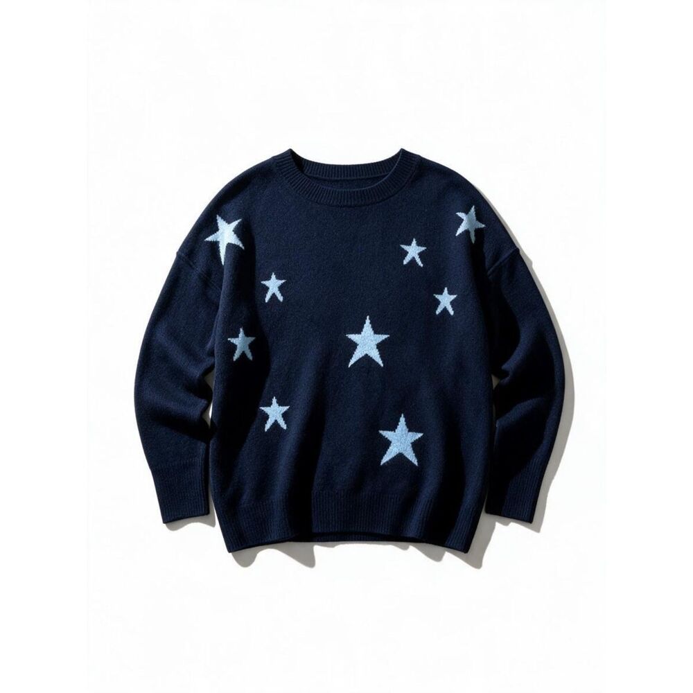 Vince Camuto Navy Crewneck Star-Print Dropped-Shoulder Sweater, NWT! Large